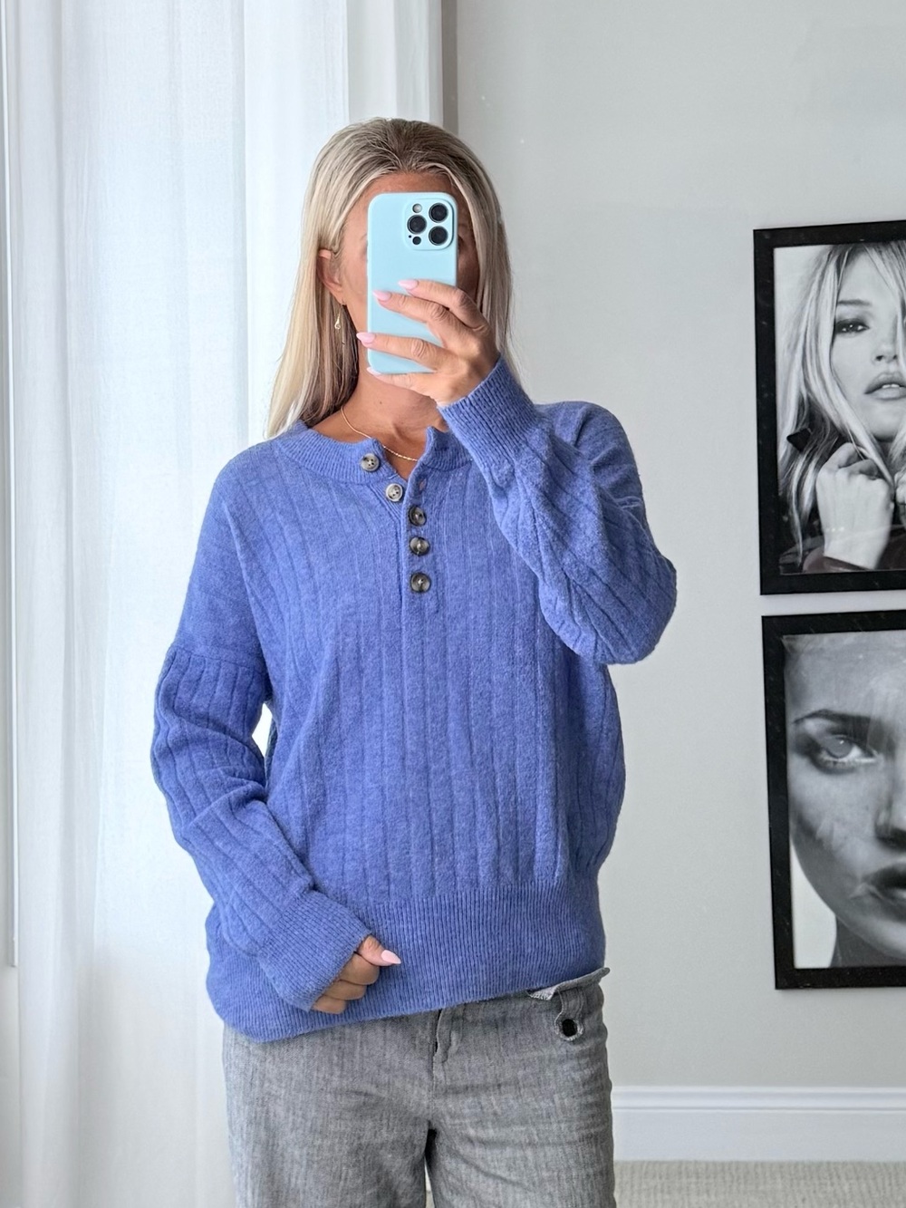 Madewell Lavender-Blue Ribbed Wool blend Henley Sweater